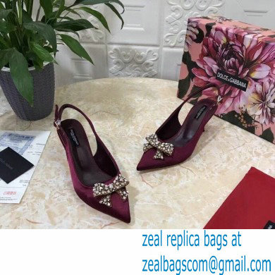 Dolce  &  Gabbana Heel 6.5cm Satin Slingbacks Burgundy with Crystal Bow 2021